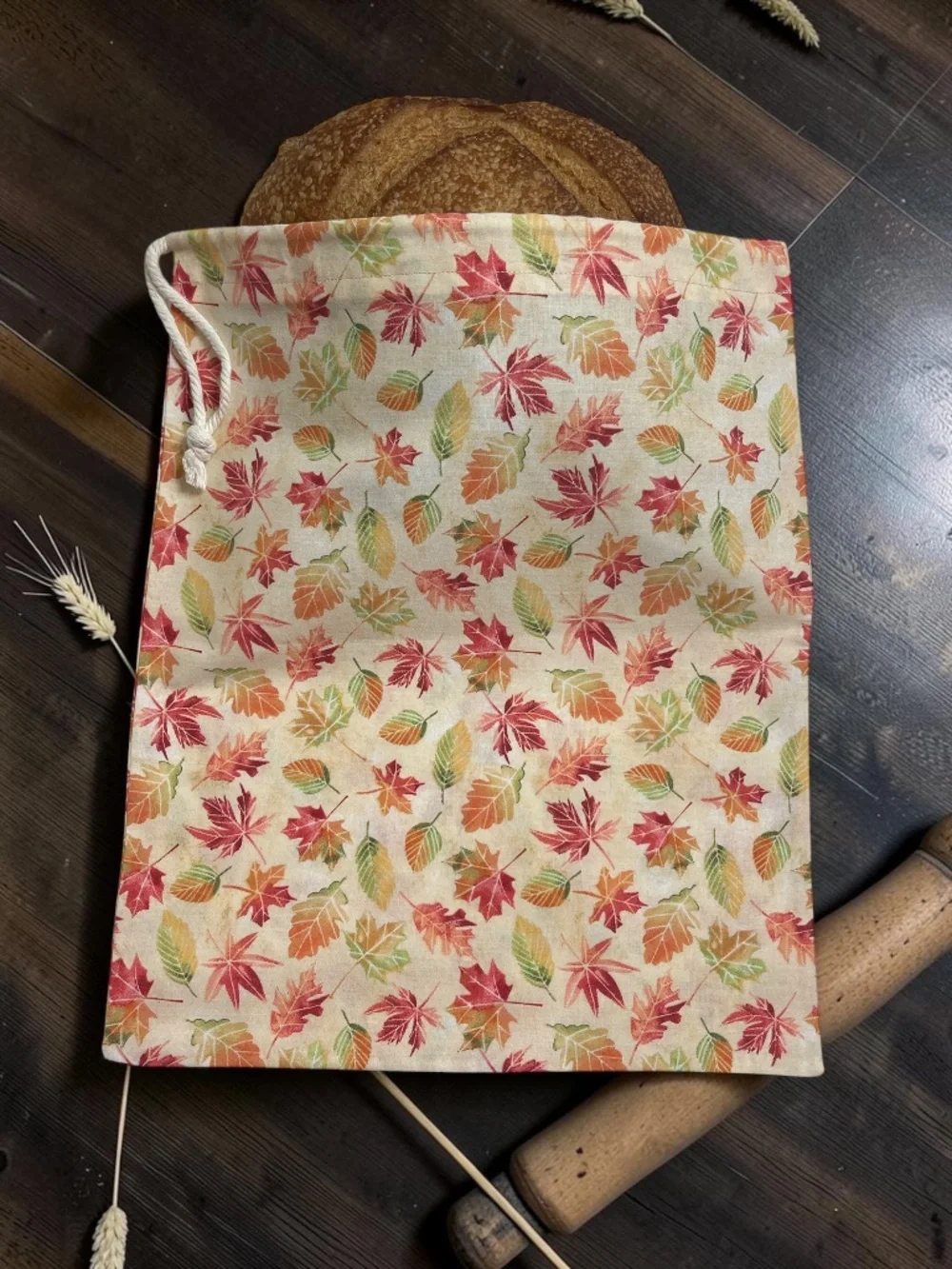 Fall Leaves Cotton Bread Bag with Matching Mason Jar Bonnet & Tea Towel